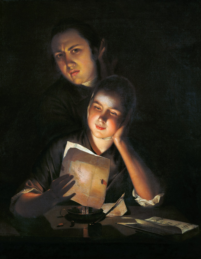 A Girl reading a letter by Candlelight, with a Young Man peering over her shoulder from Joseph Wright of Derby