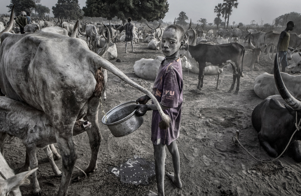 Mundari child filling the container with cow urine - South Sudan from Joxe Inazio Kuesta Garmendia
