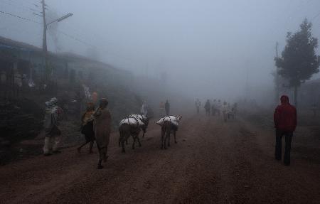 Fog in a village in the highlands of Ethiopia.