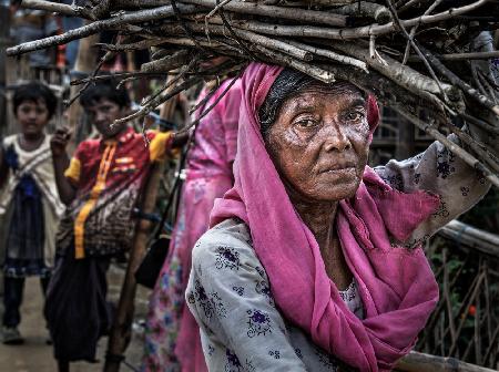 Rohingya refugee woman carrying some wood - Bangladesh