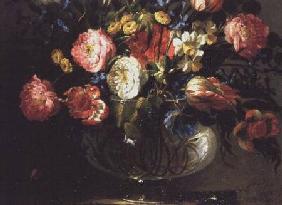 Roses, Tulips, Hyacinths and Jasmine in a Glass Vase (one of a Pair)
