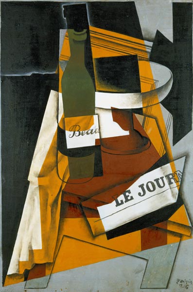 Bottle, newspaper and compote bowl from Juan Gris
