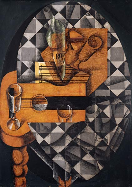 Guitar, Bottle, and Glass, 1914 (pasted papers, gouache & crayon on canvas) from Juan Gris