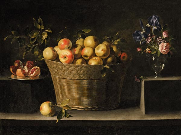 Äpfel in einem Weidenkorb, ein Granatapfel auf einem Silberteller und ein Blumenstrauß in einer Glas from Juan de Zurbaran