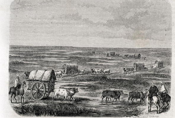 Wagon Train on the Argentinian Pampas in the 1860s, engraved by Alfred Louis Sargent (b.1828) (engra from Jules Antoine Duvaux