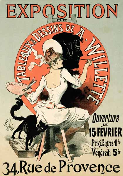 Reproduction of a poster advertising an 'Exhibition of the Paintings and Drawings of A. Willette (18 from Jules Chéret