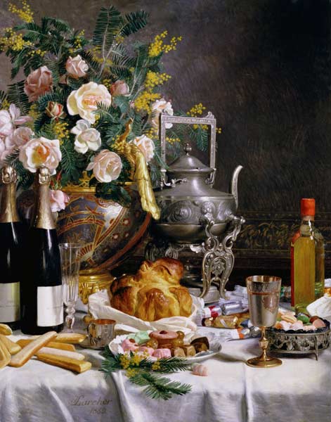 Champagner, Gebäck and Kuchen auf einer gedeckten Tafel from Jules Larcher