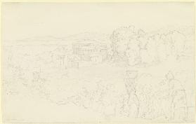 Landschaft mit einer Villa, rechts vorne Winzer, links ein Hirte, der die Flöte bläst