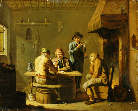 Peasants Playing Cards By A Cottage Fire from Justus Juncker