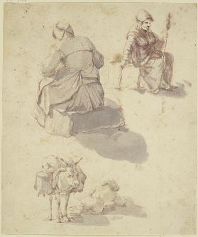 Eine spinnende Frau, eine weitere sitzende Fau in Rückansicht sowie ein beladener Esel, neben ihm de
