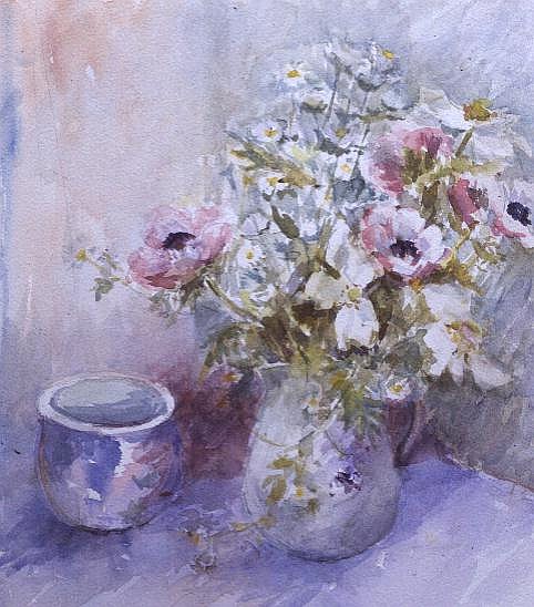 Still life of pink and white anemones with blue bowl (w/c)  from Karen  Armitage
