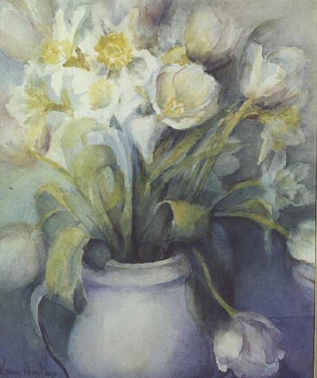 Tulips Fosteriane Purissima and Daffodils, Ice Follies in a White Jug  from Karen  Armitage