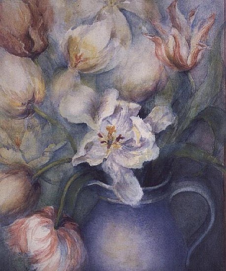 Tulips in a blue jug, white parrot and china pink  from Karen  Armitage
