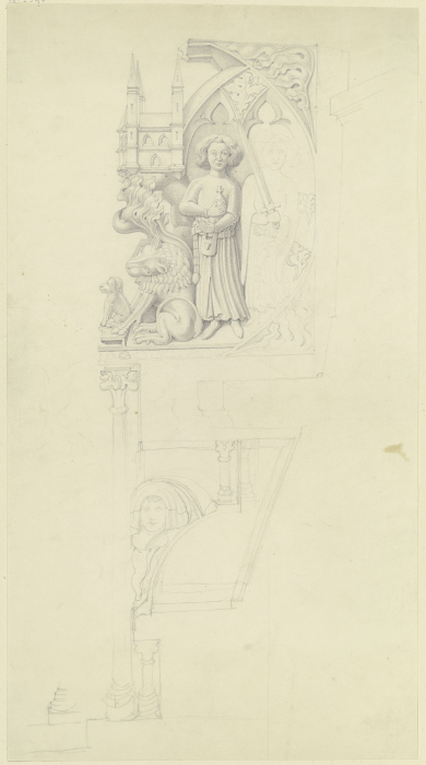 Detail eines Chorstuhles, zwei Kaiser neben dem Modell einer Kirche, zu ihren Füßen ein Löwe und ein from Karl Ballenberger