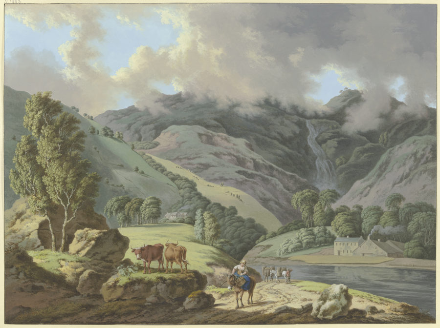 Berglandschaft mit einem Wasserfall und Flüßchen im Vordergrund from Karl Franz Kraul