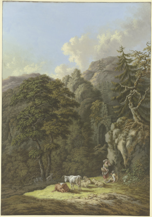 Waldige Berglandschaft mit einem alten Tor und einer Viehherde in einer Lichtung from Karl Franz Kraul