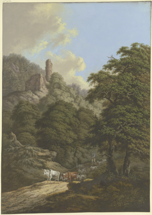 Waldige Berglandschaft mit einer Burgruine, ein Hirte treibt seine Herde von der Weide from Karl Franz Kraul