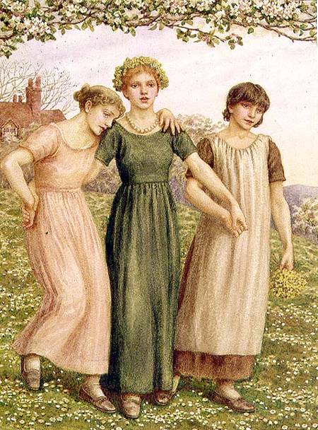 Three Young Kate Greenaway as print hand painted oil.