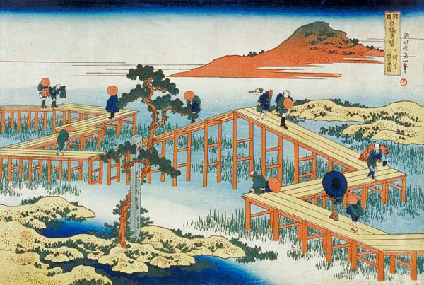 Eight part bridge, province of Mucawa, Japan, c.1830 (wood block print) from Katsushika Hokusai