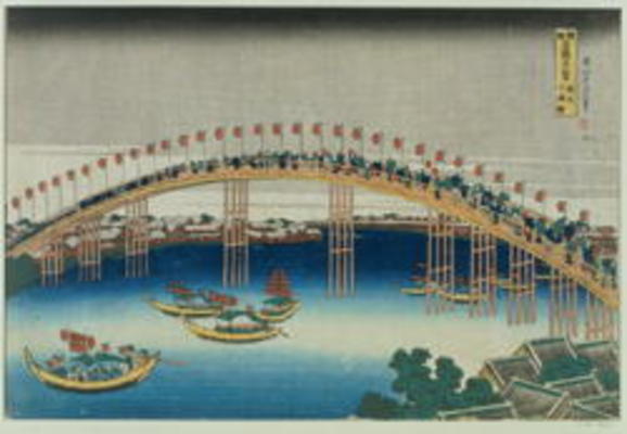 Procession over a Bridge (colour woodblock print) from Katsushika Hokusai