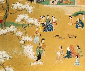 A Detail From An Eight-Leafed Screen In Sumi  Depicting a Cock Fight Beneath Cherry Tree Blossoms