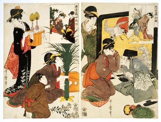 Two Scenes From The Series  ''Loyal League'' Depicting Everyday Life Of An Edo Period Household from Kitagawa  Utamaro