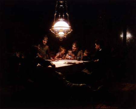 Family supper in the lamp light from Knut Ekwall