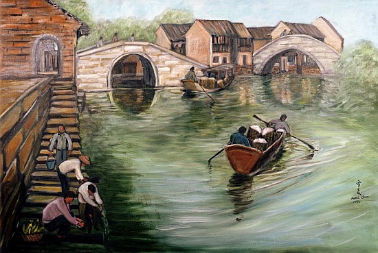 Washing Clothes by the Stream, 1995 (oil on canvas)  from Komi  Chen