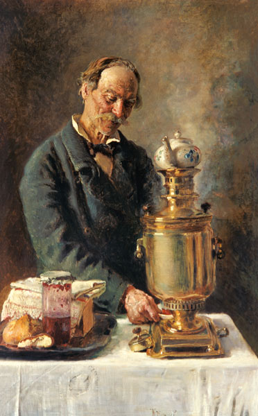 Tea drinker at the samovar from Konstantin Jegorowitsch Makowski