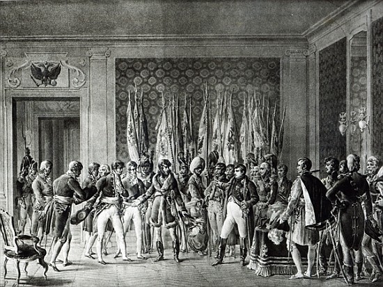 Napoleon gives the flags won at Austerlitz in 1805 to the Mayors of Paris visiting him at Schonbrunn from L. Marin
