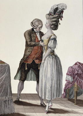A tailor trying out a fashionable corset on a lady, plate from 'Galerie des Modes et Costumes', engr from Le Clere