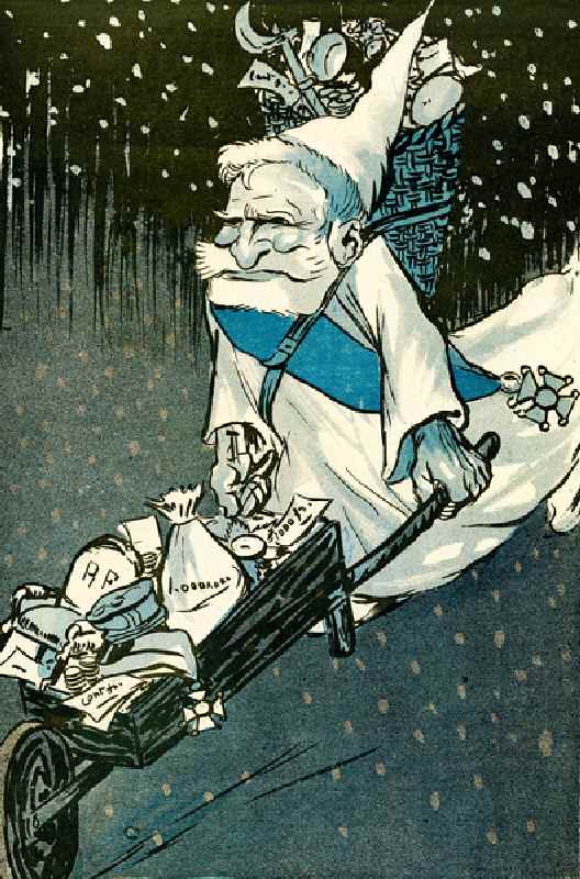 The Christmas for big kids - French President Emile Loubet dressed as Santa Claus with a wheelbarrow from Leal de Camara