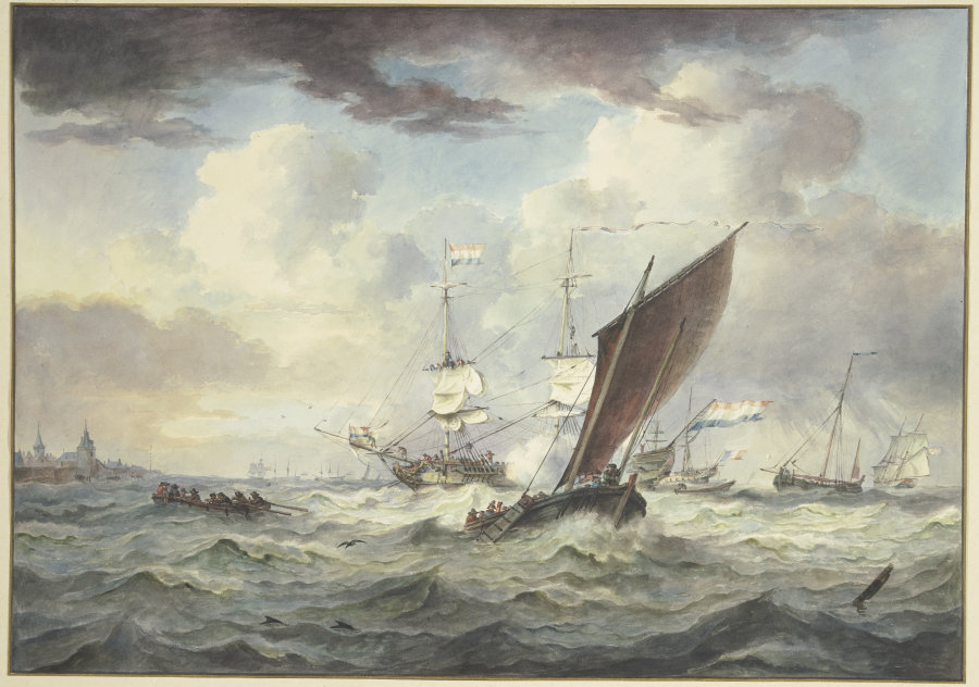 Stark bewegte See mit vielen Schiffen, ein großes Schiff lädt eine Kanone, davor ein Boot von vorne  from Leendert de Koningh