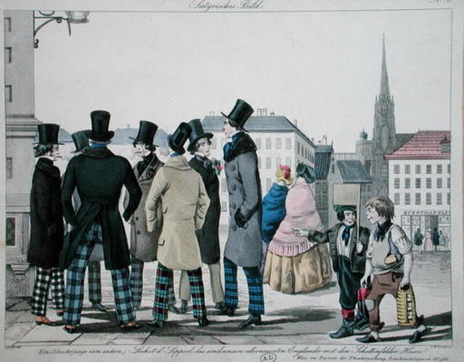Elegant Men Wearing Scottish Trousers on the Streets of Vienna, engraved by J. W. Linke, c.1840 (col from Lempis