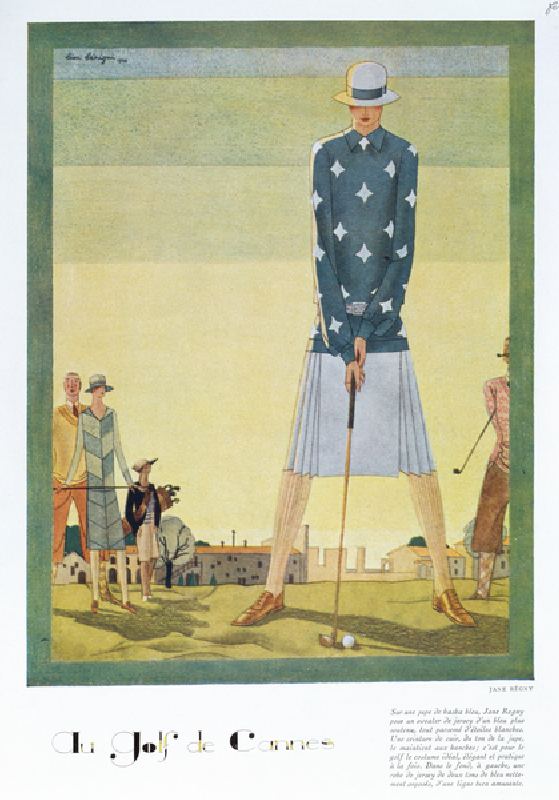 Golfing dress design by Jane Regny, fashion plate from Femina magazine, Christmas 1926 (colour litho from Leon Benigni
