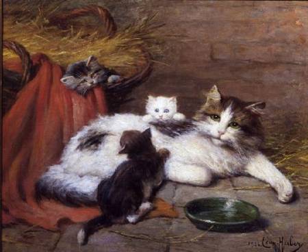 Cat with kittens from Léon Charles Huber