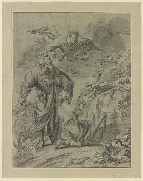 Abraham im Begriff seinen Sohn Isaak zu opfern, erblickt den Engel