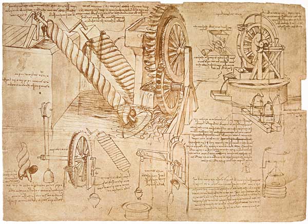Facsimile of Codex Atlanticus f.386r Archimedes Screws and Water Wheels (original copy in the Biblio from Leonardo da Vinci