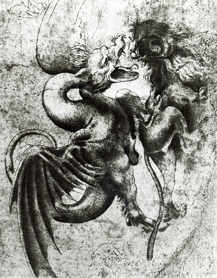 Fight between a Dragon and a Lion (brown ink with wash on paper) from Leonardo da Vinci