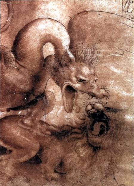 Fight between a dragon and a lion, a detail from Leonardo da Vinci