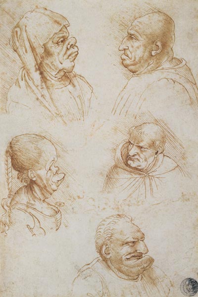 Five Studies of Grotesque Faces from Leonardo da Vinci