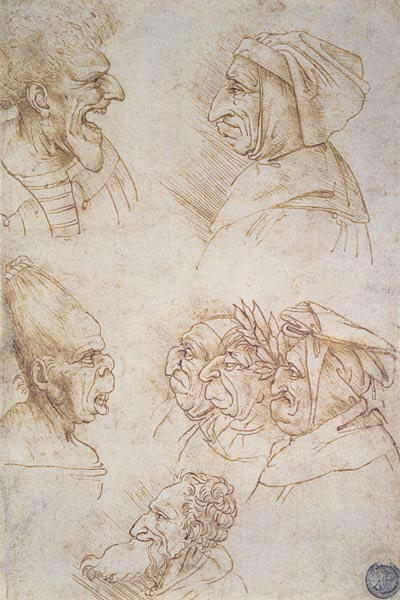 Seven Studies of Grotesque Faces from Leonardo da Vinci