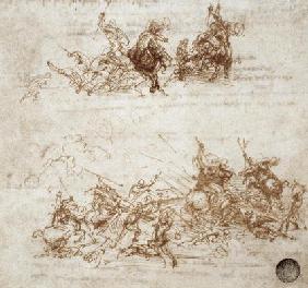 Page from a notebook showing figures fighting on horseback and on foot (sepia ink on linen paper)