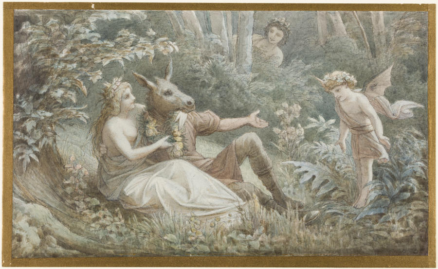 Die Elfenkönigin Titania bekränzt den neben ihr sitzenden, eselköpfigen Nick Bottom from Leopold von Bode