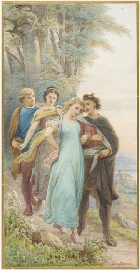 Die wieder vereinten Brautpaare auf dem Weg aus dem Wald, vorn Helena und Demetrius, dahinter Hermia