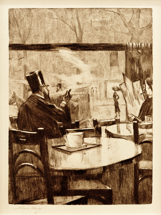 Herr mit Zylinder vor einem Kaffeehausfenster - In Rückenansicht from Lesser Ury