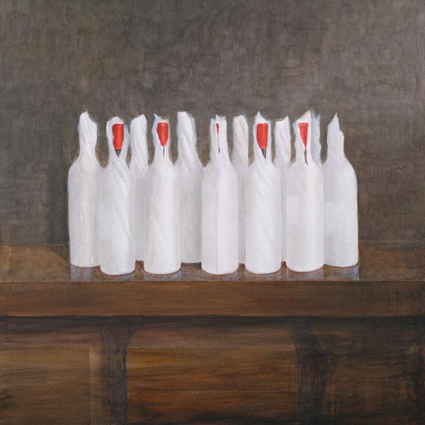 Bottles in paper, 2005 (acrylic on canvas) 