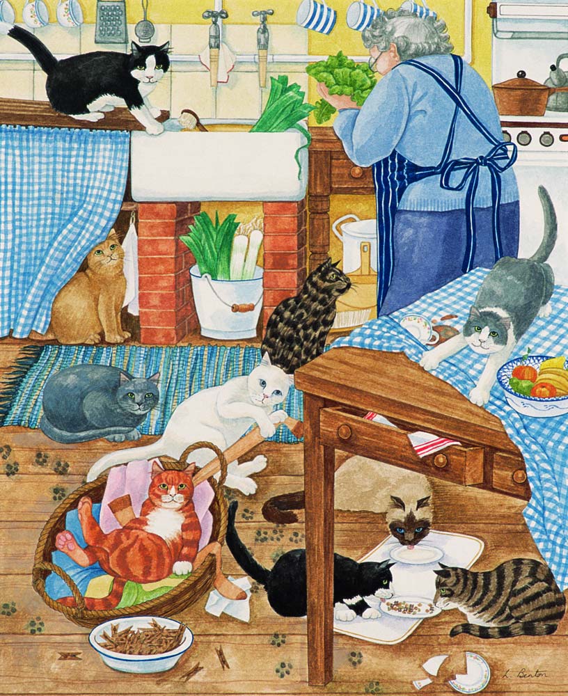 Grandma and 10 cats in the kitchen from Linda  Benton