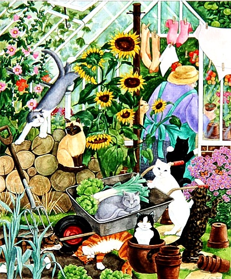 Grandma and 10 cats in the greenhouse from Linda  Benton
