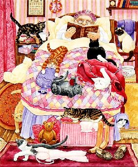 Grandma and 10 cats in the bedroom